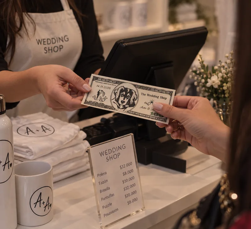 Invitada pagando con un billete ficticio personalizado